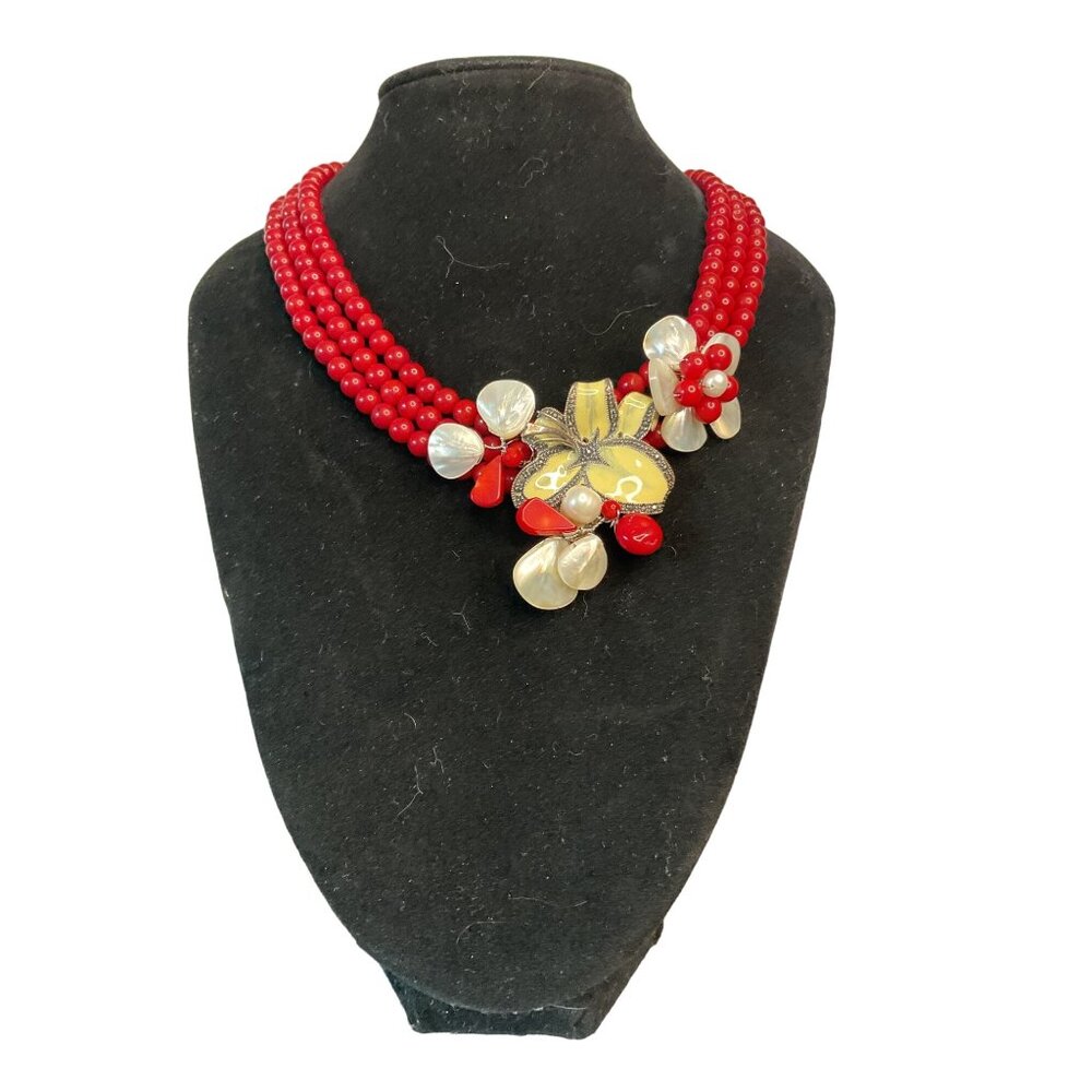 Multi Strand Round Red Beaded Chic Tropical Statement Bib Collar Necklace